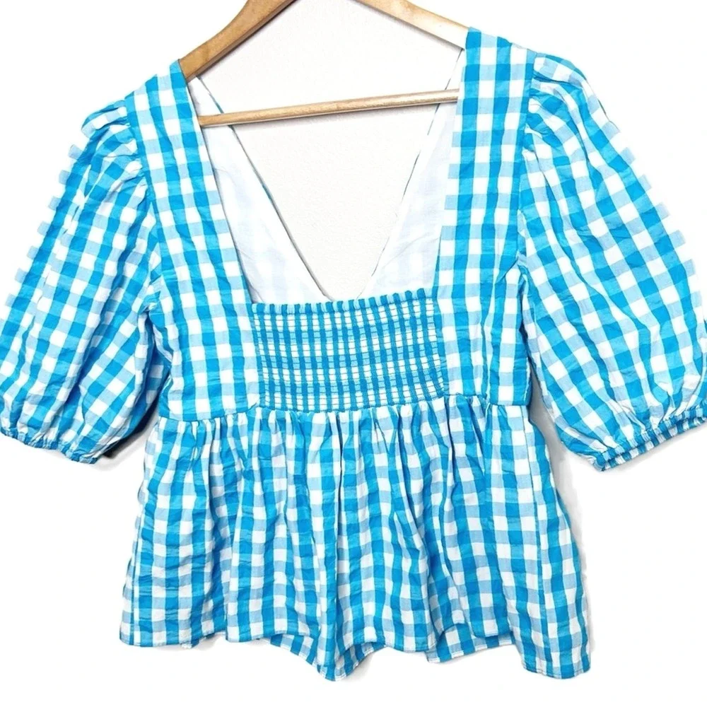 Lilly Pulitzer Blue White Gingham Check Puff Sleeve Tie Front Peplum Top Size 10
